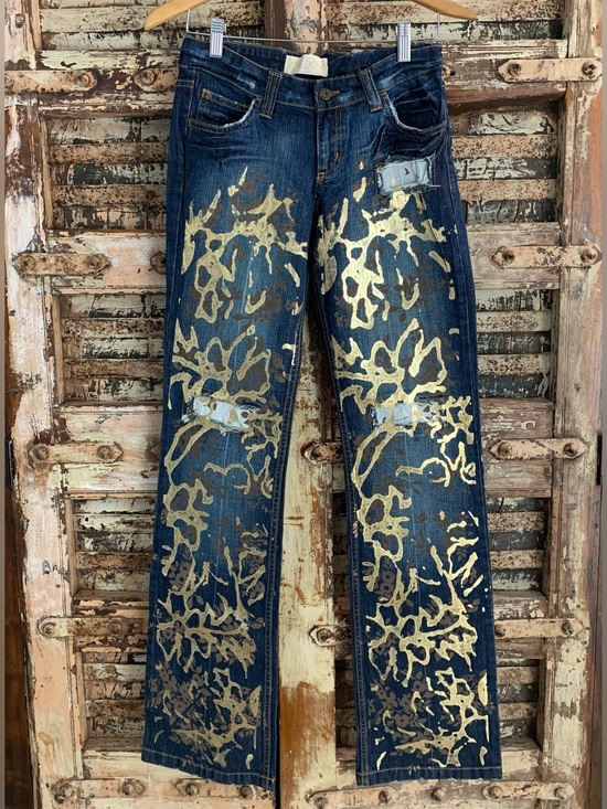 Waggon Denim - NWOT Waggon Paris Y2K Gilded Metallic Gold Paint Distressed Jeans, VTG Grunge 28